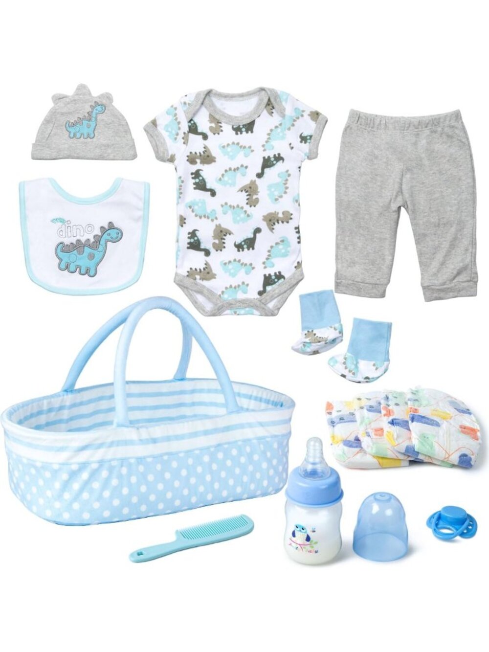 13pc Dinosaur Boy Doll Bassinet Set Clothes for 17-22in Reborn Doll